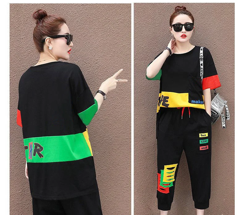 Amax luluE Summer Fashion Womens Contrast Color Leisure 2 Pieces Sets Girls Short Sleeve Tops And Drawstring Loose Harem Pants