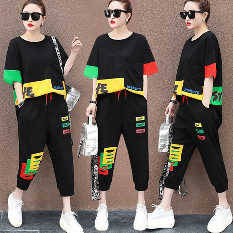 Amax luluE Summer Fashion Womens Contrast Color Leisure 2 Pieces Sets Girls Short Sleeve Tops And Drawstring Loose Harem Pants
