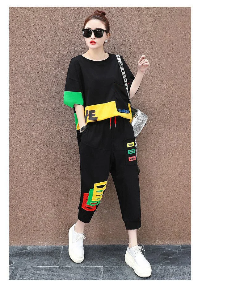 Amax luluE Summer Fashion Womens Contrast Color Leisure 2 Pieces Sets Girls Short Sleeve Tops And Drawstring Loose Harem Pants