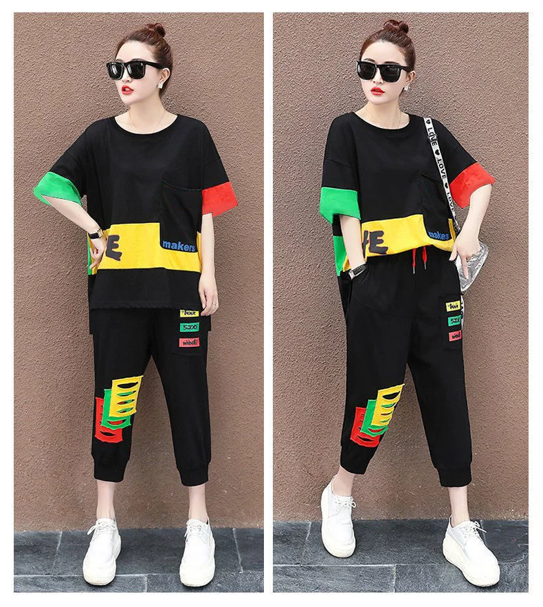 Amax luluE Summer Fashion Womens Contrast Color Leisure 2 Pieces Sets Girls Short Sleeve Tops And Drawstring Loose Harem Pants
