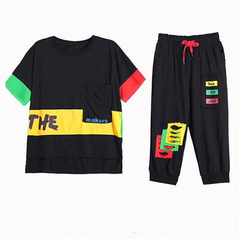 Amax luluE Summer Fashion Womens Contrast Color Leisure 2 Pieces Sets Girls Short Sleeve Tops And Drawstring Loose Harem Pants