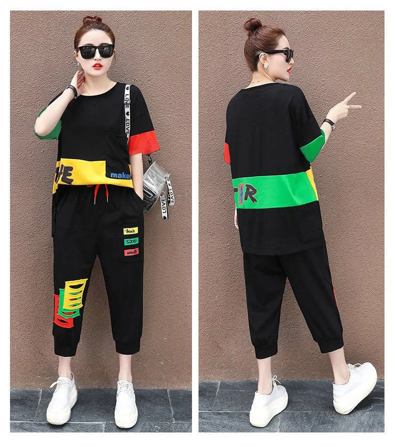 Amax luluE Summer Fashion Womens Contrast Color Leisure 2 Pieces Sets Girls Short Sleeve Tops And Drawstring Loose Harem Pants