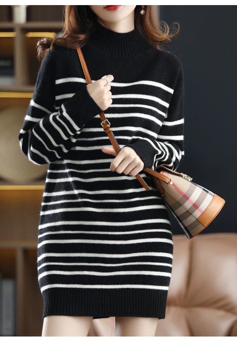2021 Office Lady Knitted Sweater Dress Women Long Sleeve Half a turtlene Vintage Striped Casual Female Long Dress Fashion Autumn