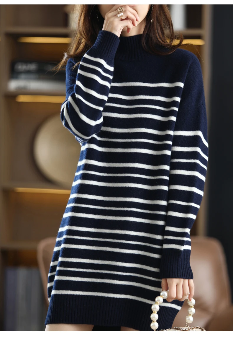2021 Office Lady Knitted Sweater Dress Women Long Sleeve Half a turtlene Vintage Striped Casual Female Long Dress Fashion Autumn