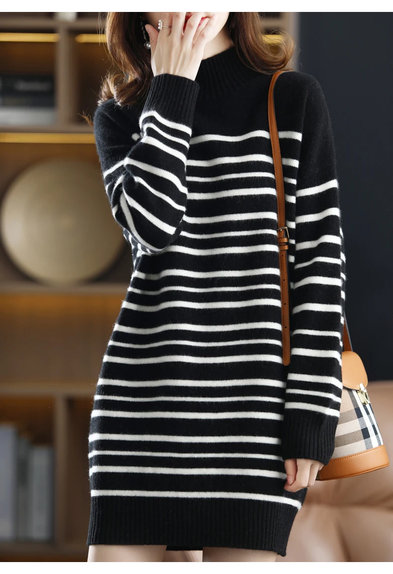 2021 Office Lady Knitted Sweater Dress Women Long Sleeve Half a turtlene Vintage Striped Casual Female Long Dress Fashion Autumn
