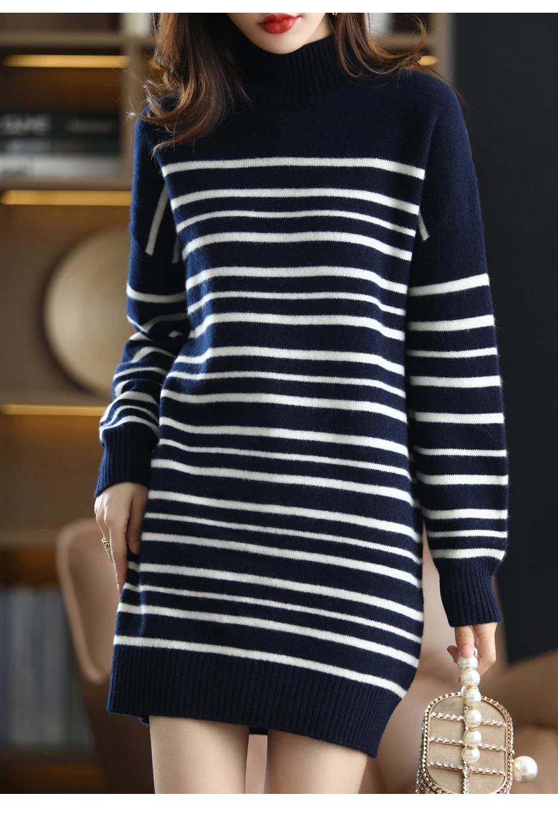 2021 Office Lady Knitted Sweater Dress Women Long Sleeve Half a turtlene Vintage Striped Casual Female Long Dress Fashion Autumn