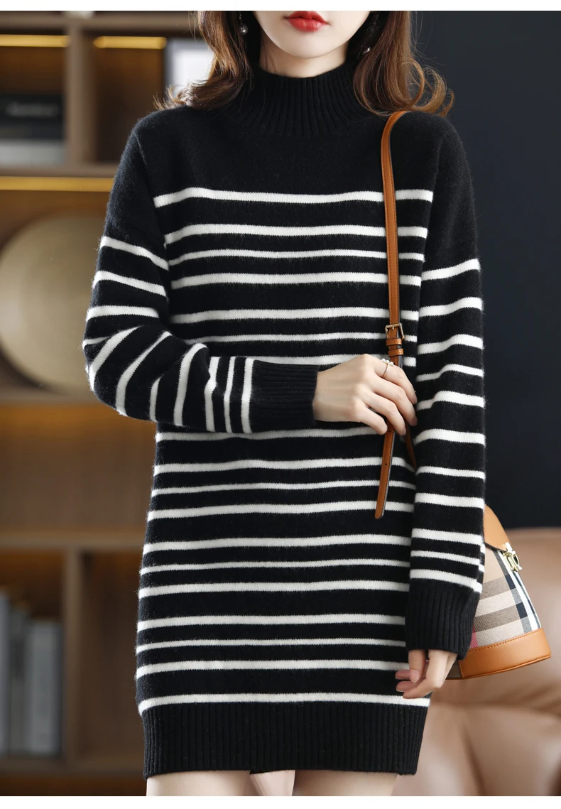 2021 Office Lady Knitted Sweater Dress Women Long Sleeve Half a turtlene Vintage Striped Casual Female Long Dress Fashion Autumn