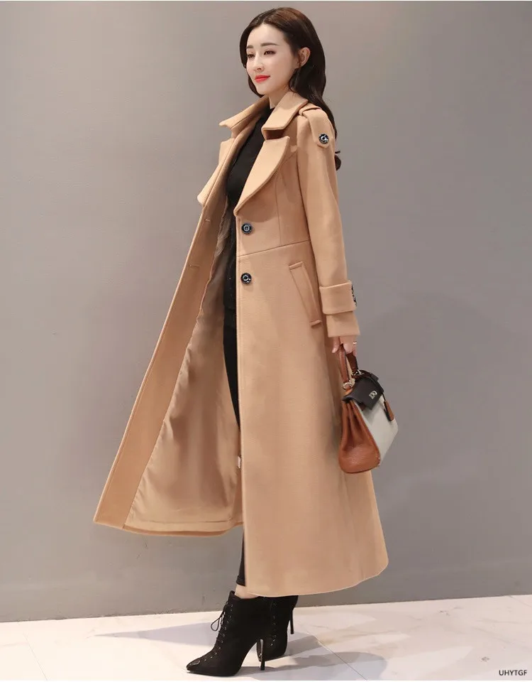 UHYTGF Women's Jacket Fashion Korean Slim Winter Woolen Coat Pure Color Wild Elegant Female Long Outerwear Casual Warm Tops 1189