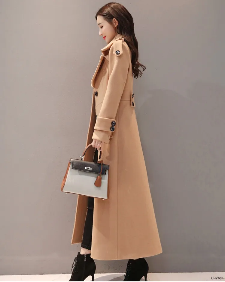 UHYTGF Women's Jacket Fashion Korean Slim Winter Woolen Coat Pure Color Wild Elegant Female Long Outerwear Casual Warm Tops 1189
