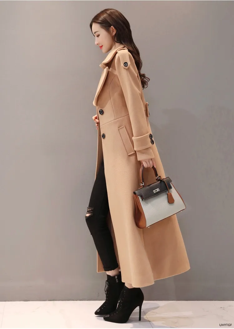 UHYTGF Women's Jacket Fashion Korean Slim Winter Woolen Coat Pure Color Wild Elegant Female Long Outerwear Casual Warm Tops 1189