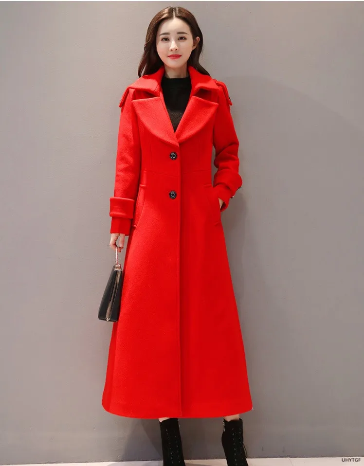 UHYTGF Women's Jacket Fashion Korean Slim Winter Woolen Coat Pure Color Wild Elegant Female Long Outerwear Casual Warm Tops 1189