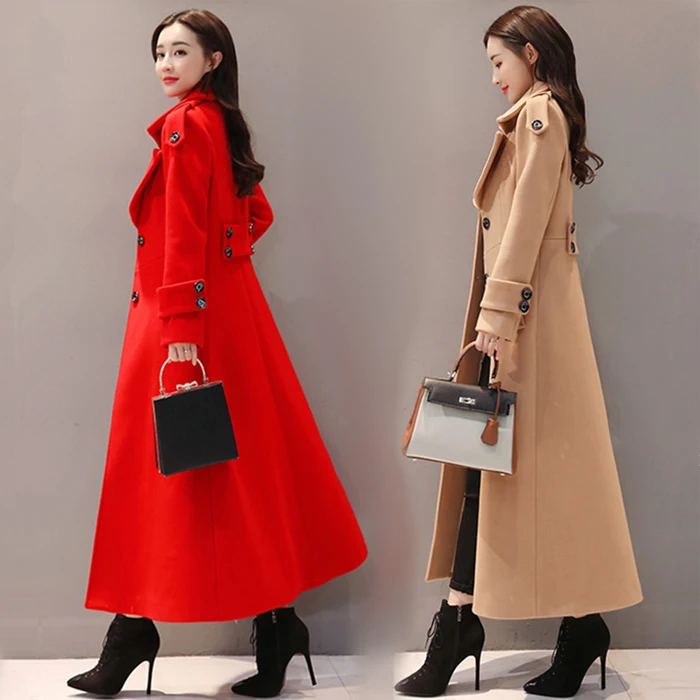 UHYTGF Women's Jacket Fashion Korean Slim Winter Woolen Coat Pure Color Wild Elegant Female Long Outerwear Casual Warm Tops 1189