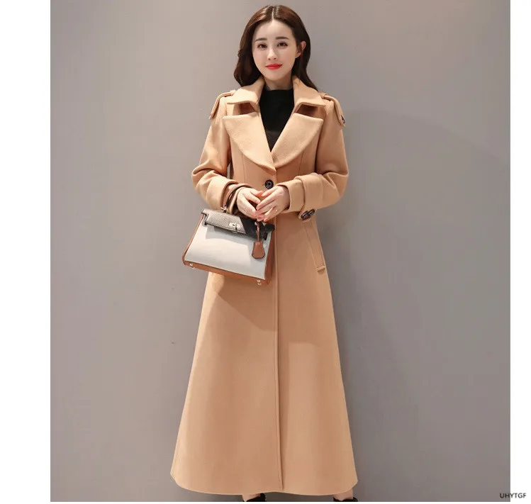UHYTGF Women's Jacket Fashion Korean Slim Winter Woolen Coat Pure Color Wild Elegant Female Long Outerwear Casual Warm Tops 1189