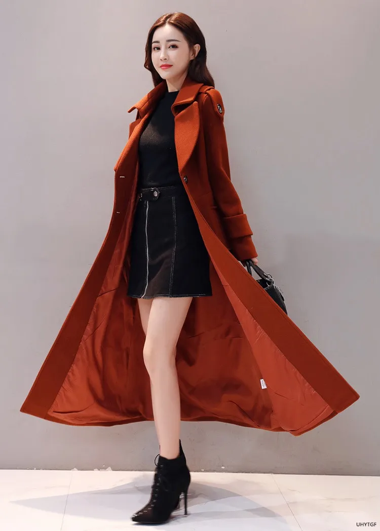 UHYTGF Women's Jacket Fashion Korean Slim Winter Woolen Coat Pure Color Wild Elegant Female Long Outerwear Casual Warm Tops 1189