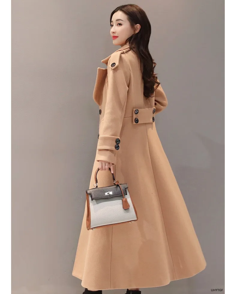UHYTGF Women's Jacket Fashion Korean Slim Winter Woolen Coat Pure Color Wild Elegant Female Long Outerwear Casual Warm Tops 1189