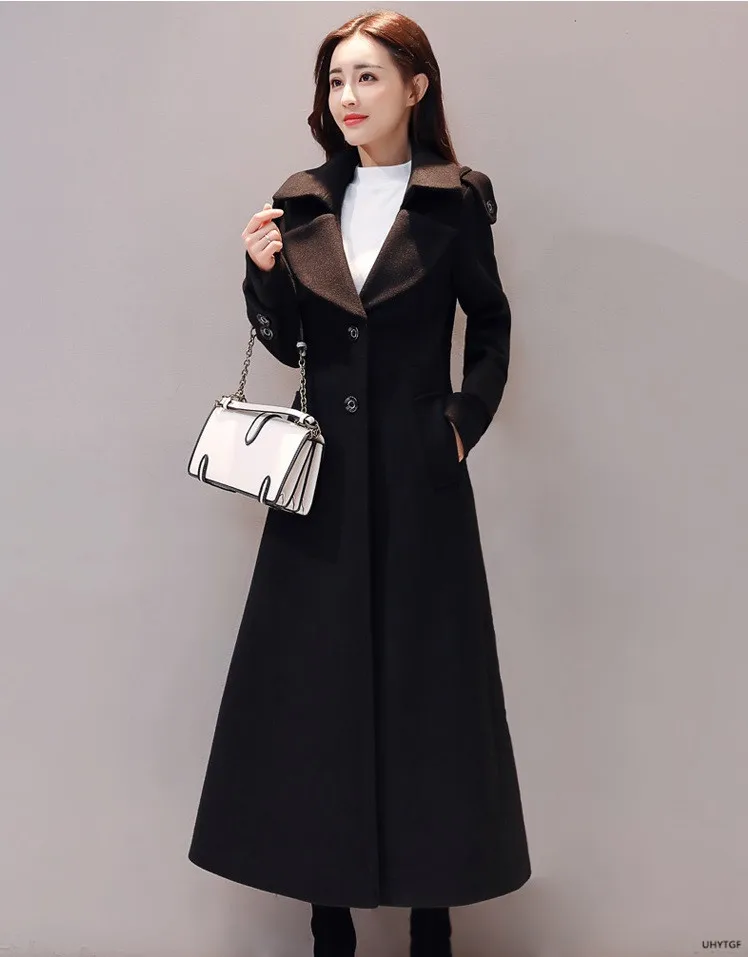 UHYTGF Women's Jacket Fashion Korean Slim Winter Woolen Coat Pure Color Wild Elegant Female Long Outerwear Casual Warm Tops 1189