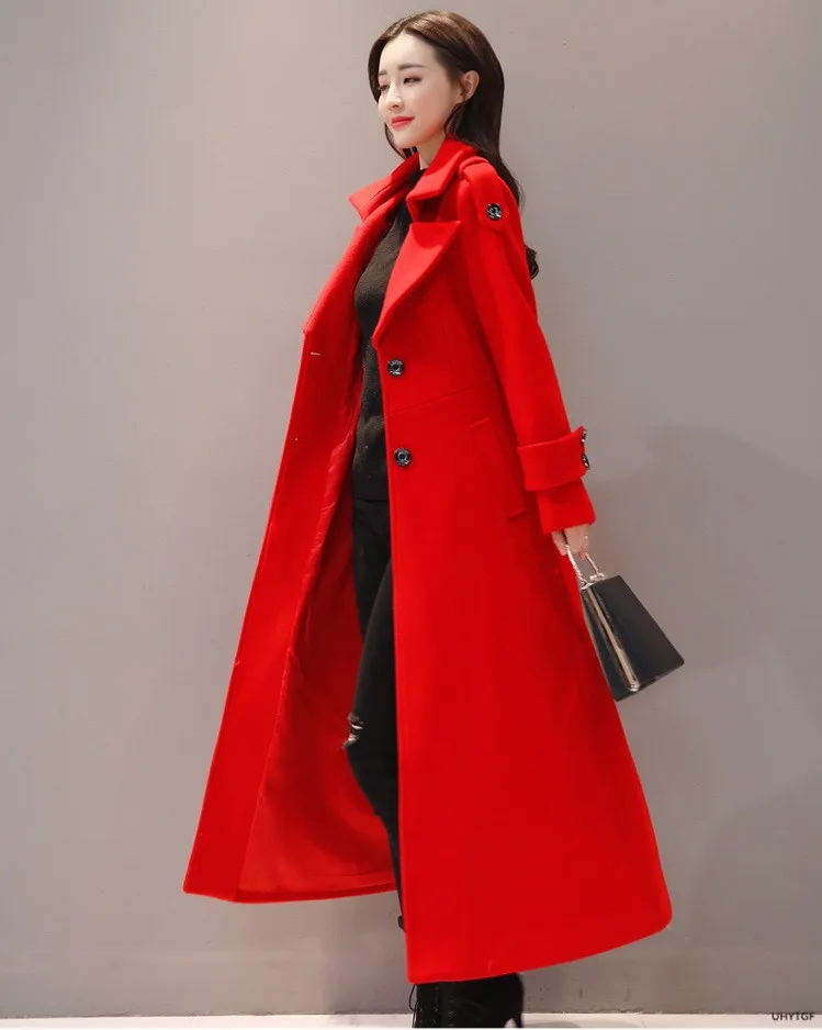 UHYTGF Women's Jacket Fashion Korean Slim Winter Woolen Coat Pure Color Wild Elegant Female Long Outerwear Casual Warm Tops 1189