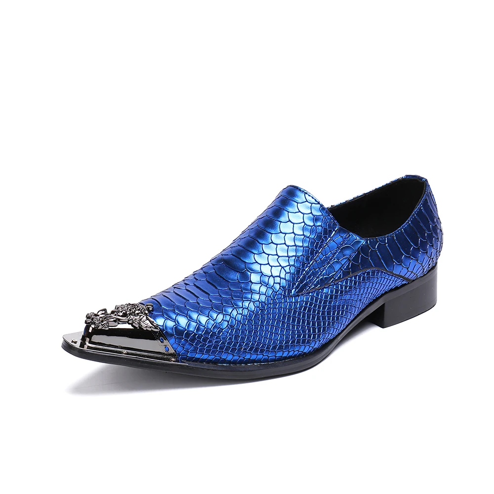 Christia Bella Blue Men Genuine Leather Shoes Metal Pointed Toe Party Club Dress Shoes Fashion Business Man Shoes Big Size