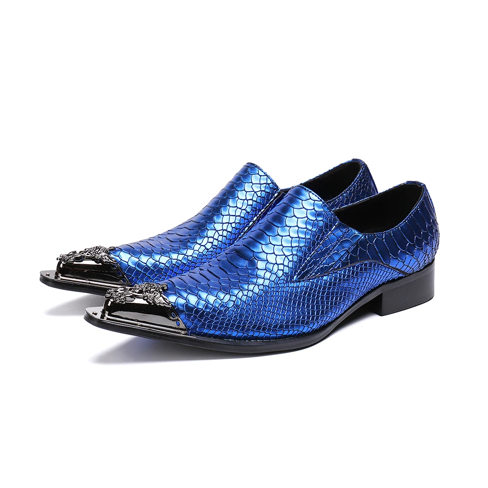 Christia Bella Blue Men Genuine Leather Shoes Metal Pointed Toe Party Club Dress Shoes Fashion Business Man Shoes Big Size
