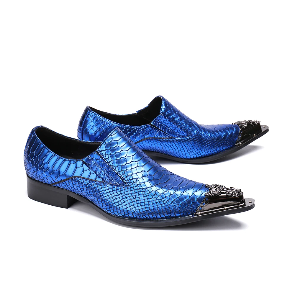 Christia Bella Blue Men Genuine Leather Shoes Metal Pointed Toe Party Club Dress Shoes Fashion Business Man Shoes Big Size