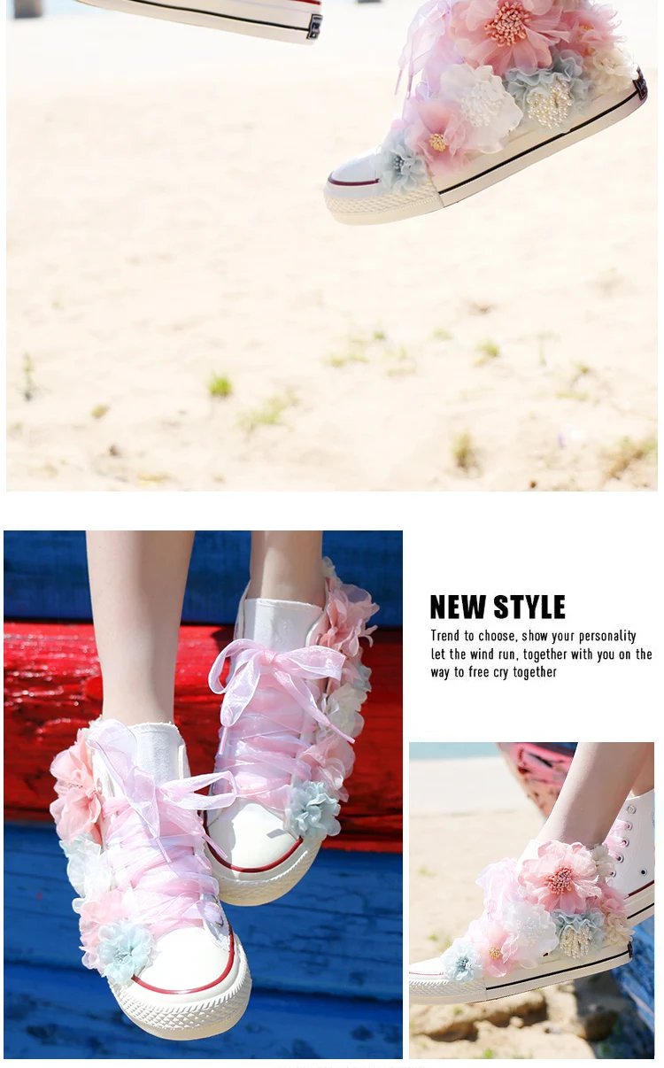 Womens Round Toe Sneakers DIY Flowers Shiny Girls Shoes Casual Sweet Breathable Laides High-top Canvas Pearl Beach