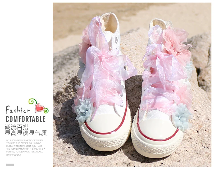 Womens Round Toe Sneakers DIY Flowers Shiny Girls Shoes Casual Sweet Breathable Laides High-top Canvas Pearl Beach