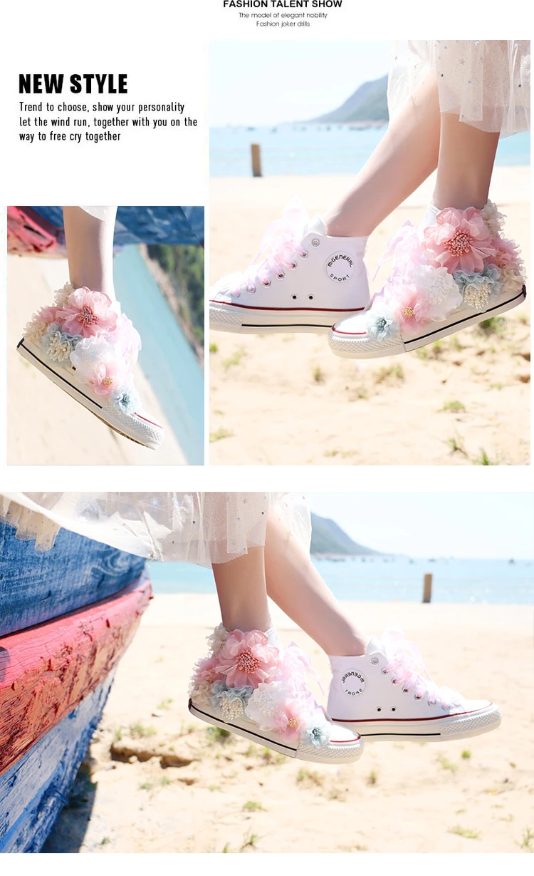 Womens Round Toe Sneakers DIY Flowers Shiny Girls Shoes Casual Sweet Breathable Laides High-top Canvas Pearl Beach