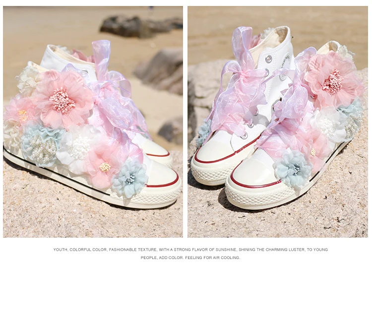 Womens Round Toe Sneakers DIY Flowers Shiny Girls Shoes Casual Sweet Breathable Laides High-top Canvas Pearl Beach