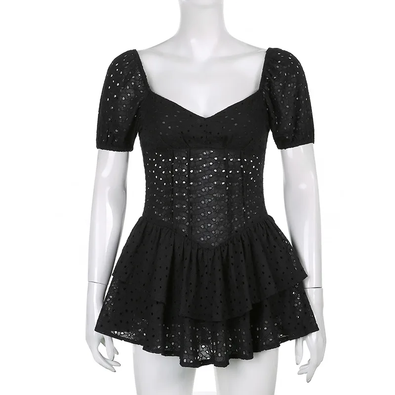 V Neck Ruffles Pleated Women's Dress Puff Sleeve Chic Black Summer Party Mini Dresses Hollow Out Vintage Corset Vestidos Ladies