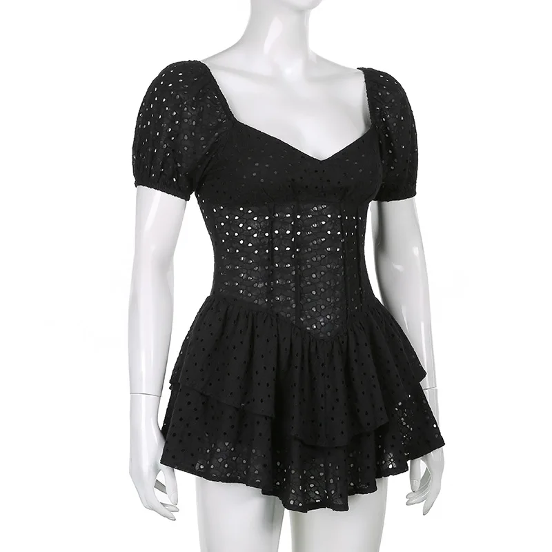 V Neck Ruffles Pleated Women's Dress Puff Sleeve Chic Black Summer Party Mini Dresses Hollow Out Vintage Corset Vestidos Ladies