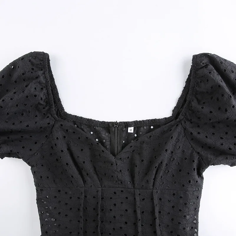 V Neck Ruffles Pleated Women's Dress Puff Sleeve Chic Black Summer Party Mini Dresses Hollow Out Vintage Corset Vestidos Ladies