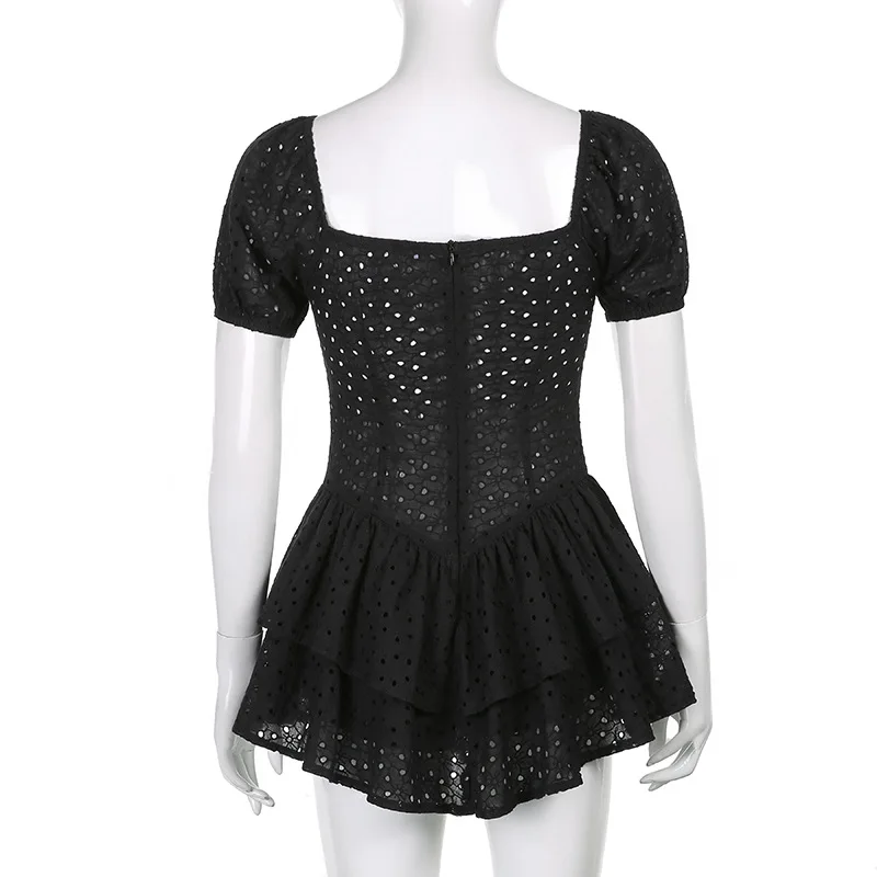 V Neck Ruffles Pleated Women's Dress Puff Sleeve Chic Black Summer Party Mini Dresses Hollow Out Vintage Corset Vestidos Ladies
