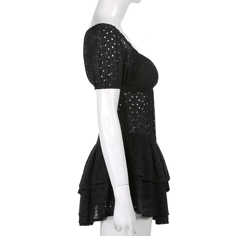 V Neck Ruffles Pleated Women's Dress Puff Sleeve Chic Black Summer Party Mini Dresses Hollow Out Vintage Corset Vestidos Ladies