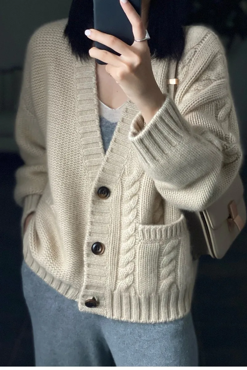 Autumn winter new fund pure cashmere cardigan female twist add thick sweater languid lazy wind loose sweater coat