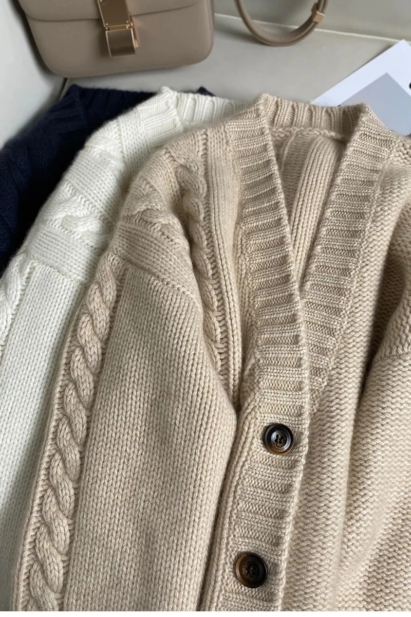 Autumn winter new fund pure cashmere cardigan female twist add thick sweater languid lazy wind loose sweater coat