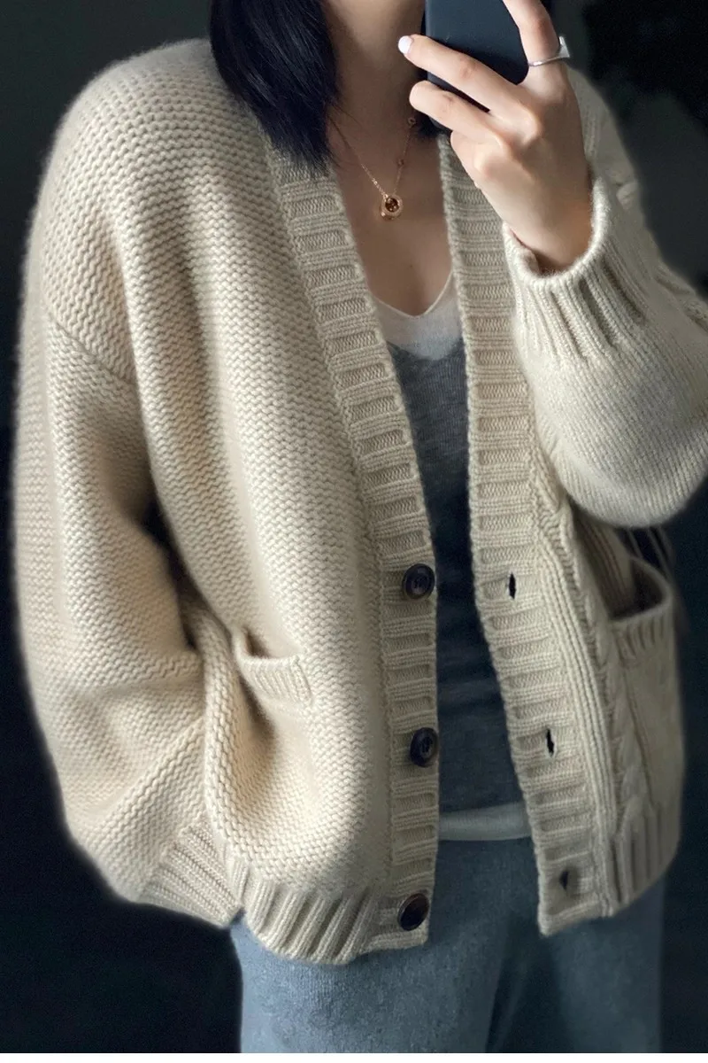 Autumn winter new fund pure cashmere cardigan female twist add thick sweater languid lazy wind loose sweater coat
