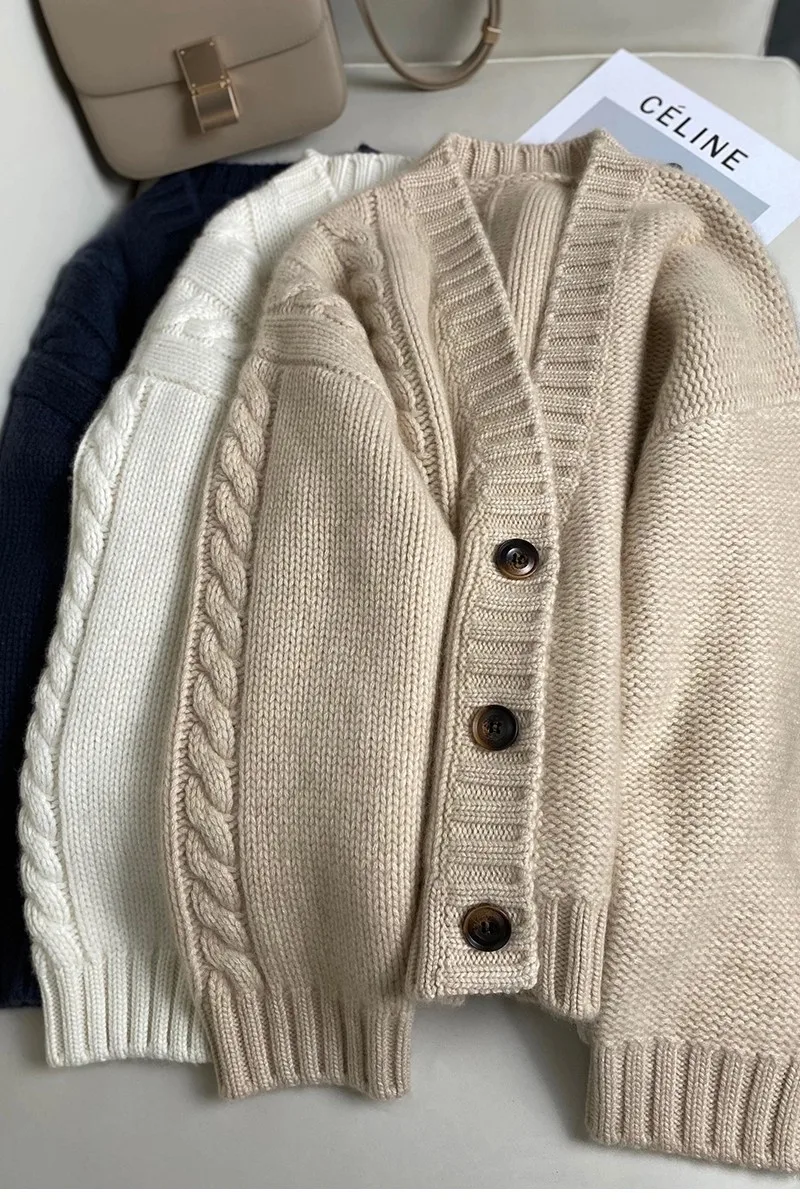 Autumn winter new fund pure cashmere cardigan female twist add thick sweater languid lazy wind loose sweater coat