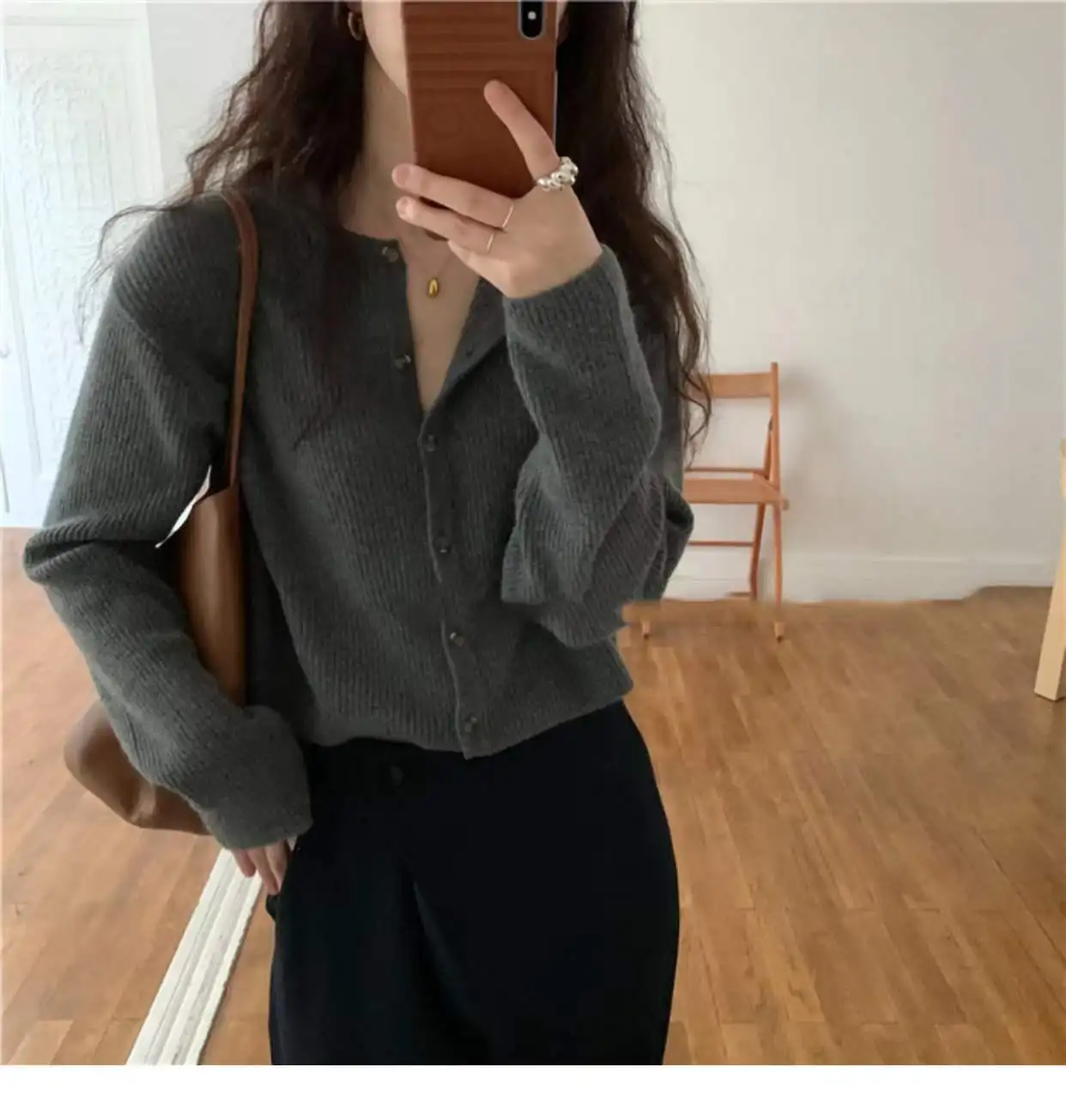 Fashion cashmere knit cardigan women spring and autumn new round collar Korean sweater loose short jacket sweater coat