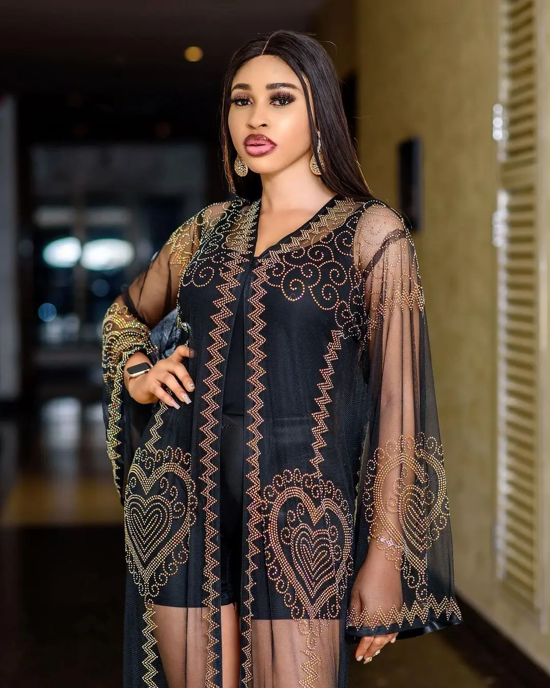 Dress Mesh Fabric Rhinestone Decoration + Sling Sexy Fashion Luxury Robe