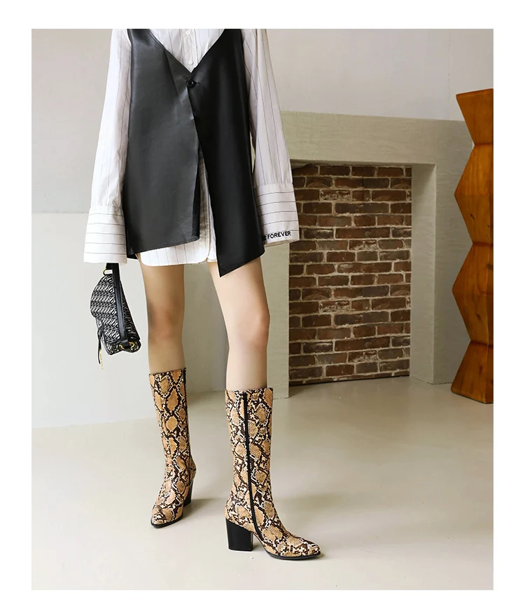 Oversized Blue Snake Print Fashion Sexy Female Mid-Calf Boots Pointed Wedge Short Plush Inner Shoes Zipper Snake Print Leather