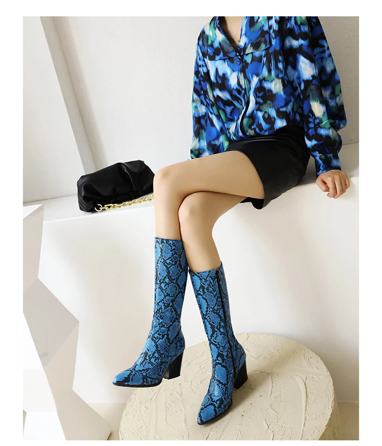 Oversized Blue Snake Print Fashion Sexy Female Mid-Calf Boots Pointed Wedge Short Plush Inner Shoes Zipper Snake Print Leather