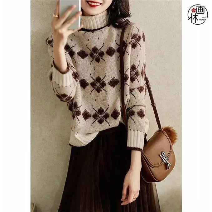 Delicate jacquard knit women's 2021 winter new loose turtleneck temperament versatile warm sweater loose