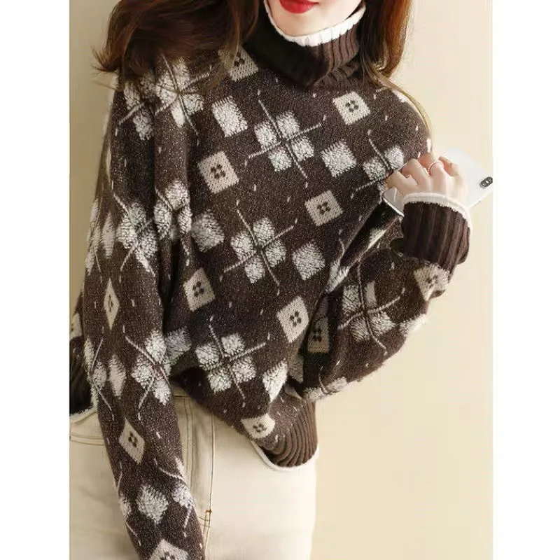 Delicate jacquard knit women's 2021 winter new loose turtleneck temperament versatile warm sweater loose