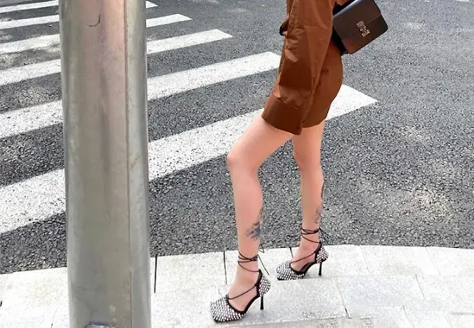 Luxury Woman Black Apricot Pink Bling Diamond Crystal Hollow Out Mesh Square Toe Sandals Female Lace Up Stiletto Heels Shoes