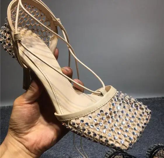 Luxury Woman Black Apricot Pink Bling Diamond Crystal Hollow Out Mesh Square Toe Sandals Female Lace Up Stiletto Heels Shoes