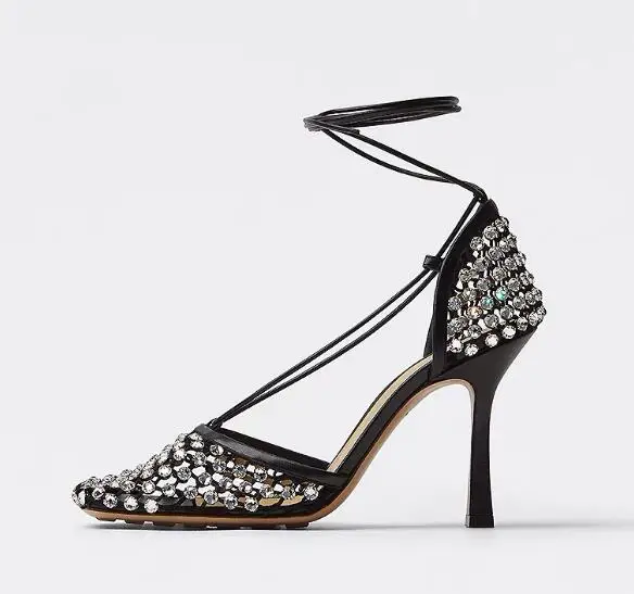 Luxury Woman Black Apricot Pink Bling Diamond Crystal Hollow Out Mesh Square Toe Sandals Female Lace Up Stiletto Heels Shoes