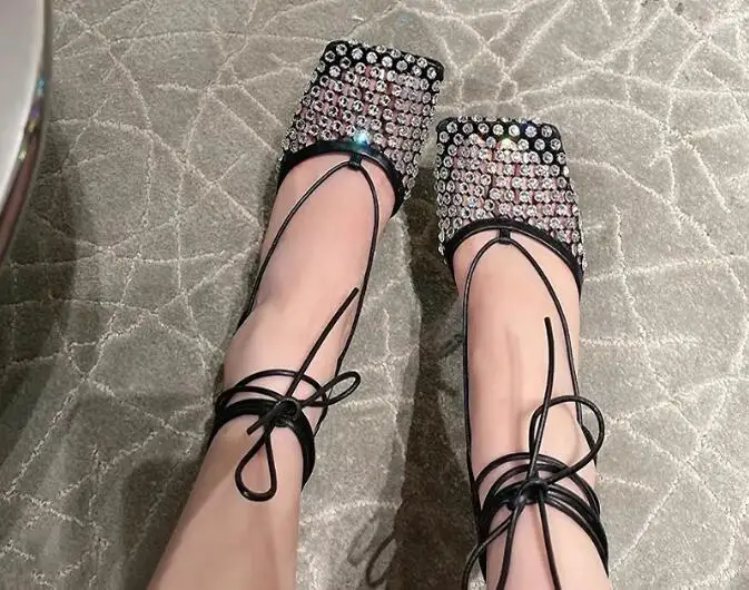 Luxury Woman Black Apricot Pink Bling Diamond Crystal Hollow Out Mesh Square Toe Sandals Female Lace Up Stiletto Heels Shoes