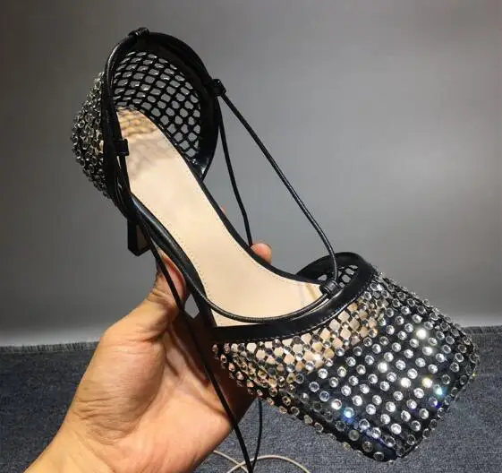 Luxury Woman Black Apricot Pink Bling Diamond Crystal Hollow Out Mesh Square Toe Sandals Female Lace Up Stiletto Heels Shoes