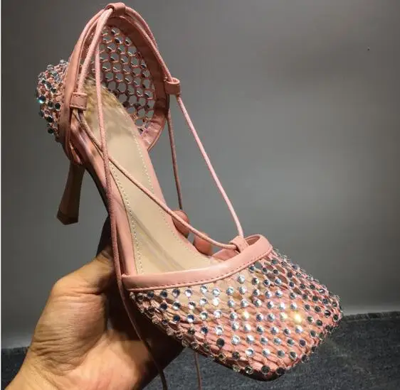 Luxury Woman Black Apricot Pink Bling Diamond Crystal Hollow Out Mesh Square Toe Sandals Female Lace Up Stiletto Heels Shoes