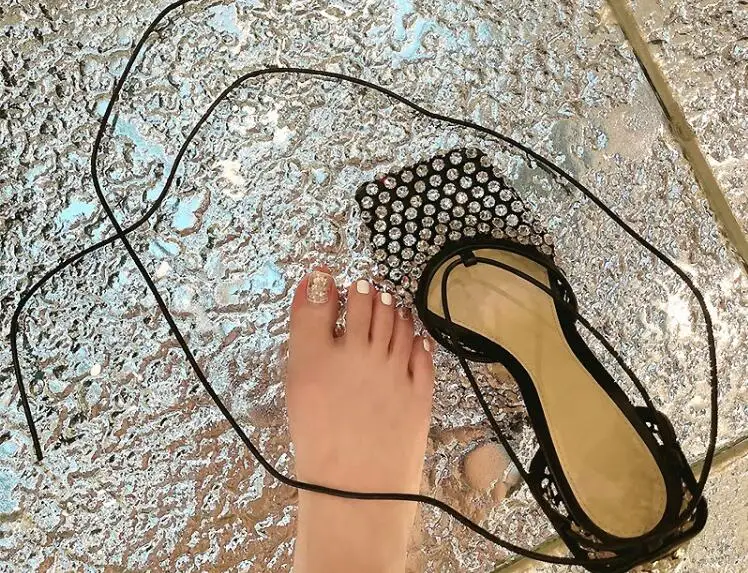 Luxury Woman Black Apricot Pink Bling Diamond Crystal Hollow Out Mesh Square Toe Sandals Female Lace Up Stiletto Heels Shoes